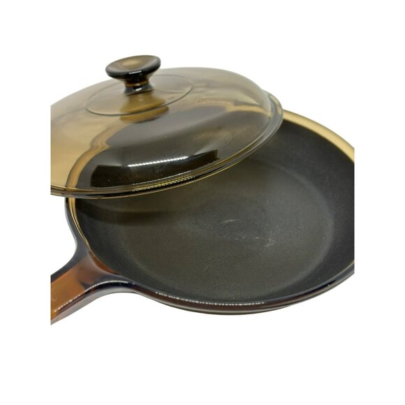 VTG CorningWare Visions Amber Brown Glass Skillet w/ Lid Teflon Coated 3.75"x11" - Picture 6 of 10